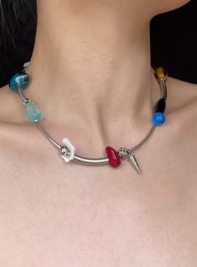 小众复古彩色异形石贝壳锁骨链女