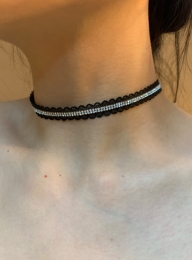 【棠洛】暗夜天使 黑色蕾丝波浪边闪钻choker颈链女氛围感锁骨链