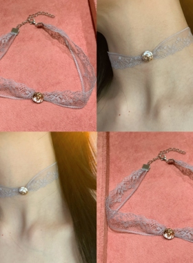 棠洛 智系灰色蕾丝choker颈链女白金山茶花吊坠高级感颈带项圈潮