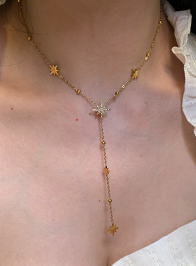 棠洛 钛钢款“璀璨八芒星”镶钻流苏锁骨链欧美ins风金色项链潮