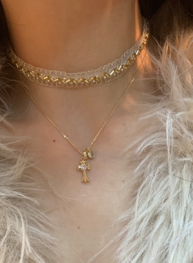 浅金色十字架叠戴choker颈链女小众欧美ins感多层项链日常百搭潮