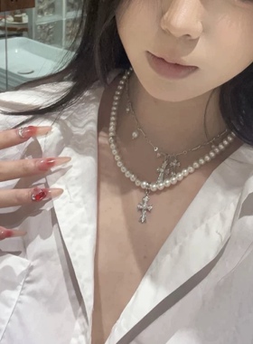 美高珍珠十字架叠戴项链女甜酷辣妹风高级感锁骨链日常精致百搭潮