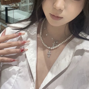 美高珍珠十字架叠戴项链女甜酷辣妹风高级感锁骨链日常精致百搭潮