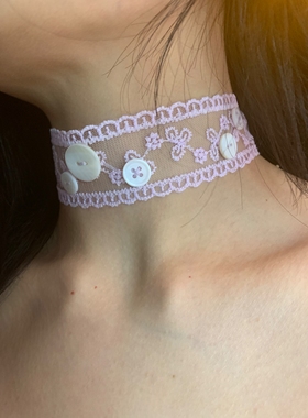 紫色蕾丝纽扣choker颈链宽版布艺项圈vintage夸张古着洛丽塔颈带