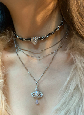 黑色皮革choker叠戴多层土星珍珠项链女甜酷辣妹风项链颈链配饰潮