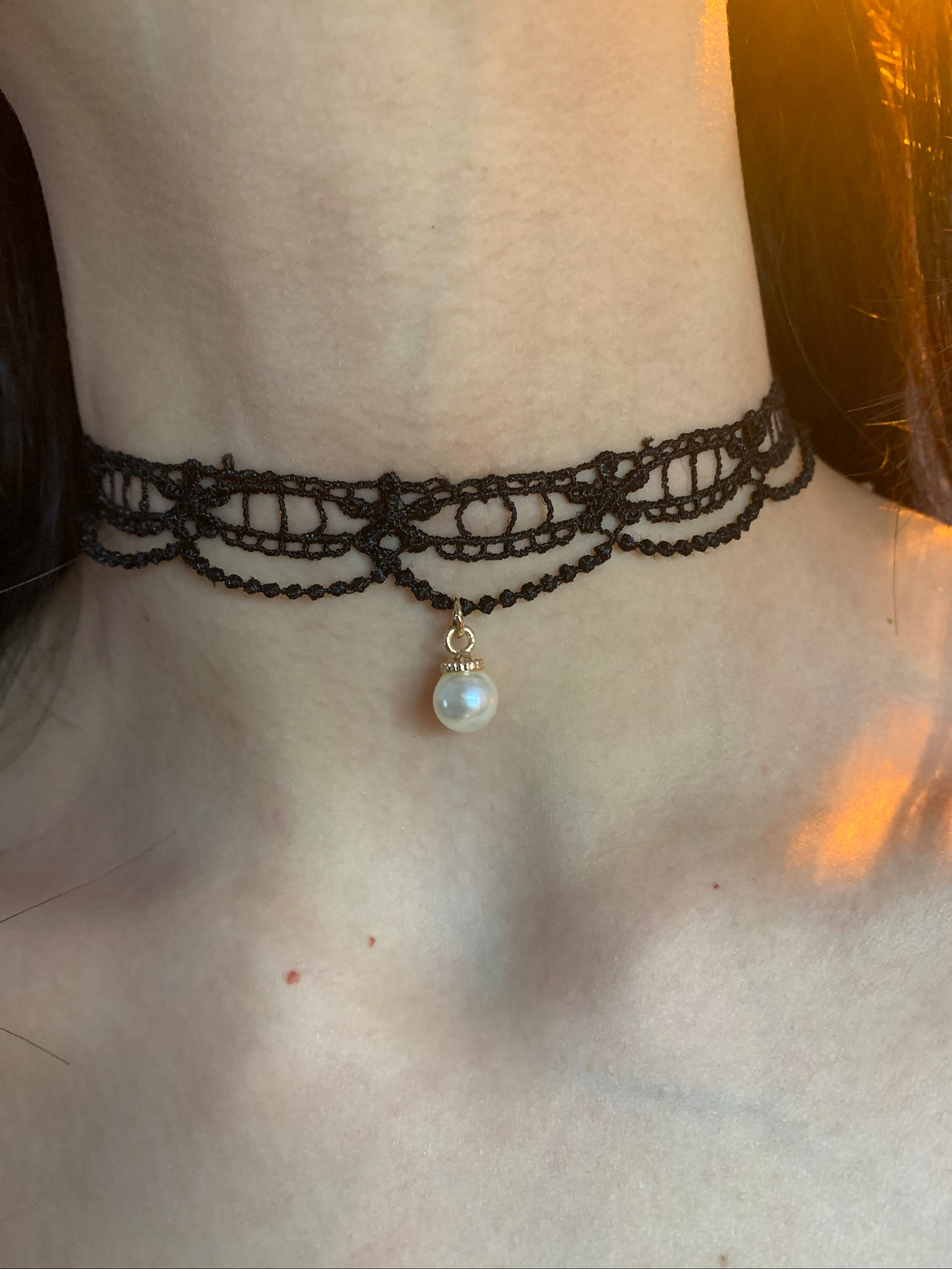 珍珠吊坠款黑色蕾丝choker颈链女日常百搭项圈布艺锁骨链甜酷风潮