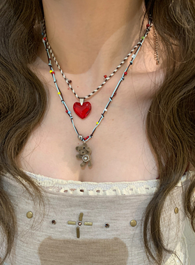 棠洛｜ins欧美感红色爱心锁骨链叠戴y2k小熊卫衣链小众个性叠戴潮