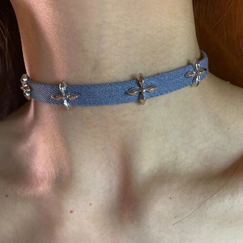 自制十字花牛仔蓝choker项圈女