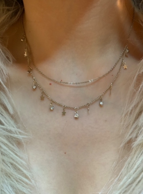 星星碎片~浅钛金双层星星水钻流苏锁骨链女小众氛围感叠戴细项链