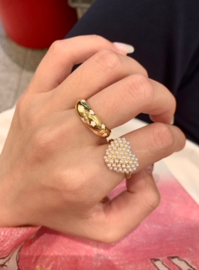 白色滴釉胖星星金色戒指叠戴爱心珍珠食指戒指欧美辣妹指环高级感