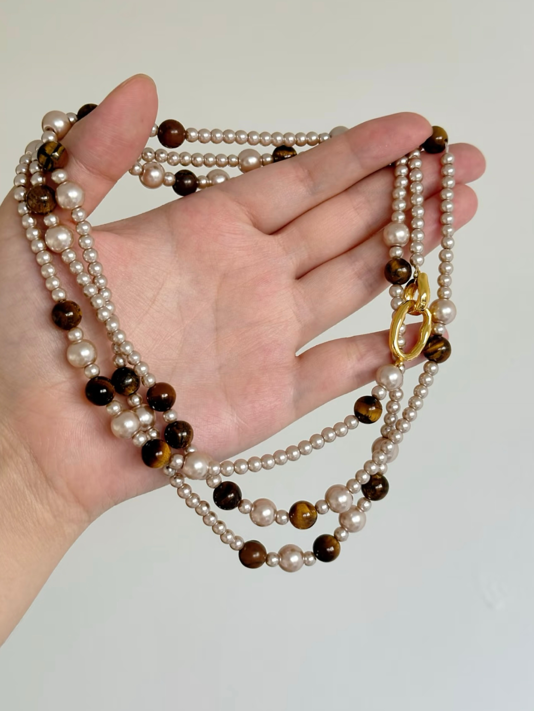 棠洛 vintage金棕可可虎眼石项链复古珍珠长链女毛衣链高级感2026