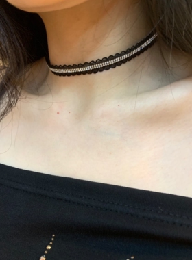 棠洛 原创黑色软蕾丝闪钻choker颈链女辣妹甜酷感锁骨链贴肤项圈