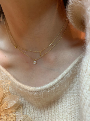 淡人bi备~金闪迷你锆石花朵锁骨链女双条叠戴颈链高级感日常百搭