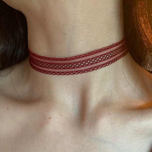 微醺time 酒红色微弹choker颈链女小众独特蕾丝颈链高级纯色百搭