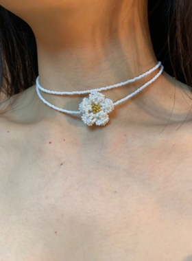 棠洛 立体多层奶油山茶花choker颈链春夏手作米珠锁骨链绕圈项链