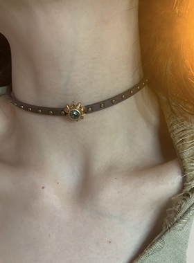 废土风星芒choker颈链女咖色软皮革项圈波西米亚细款锁骨链颈带潮