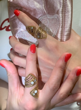 棠洛 金色螺纹不锈钢镂空戒指女镶嵌天然石食指戒指叠戴vintage潮