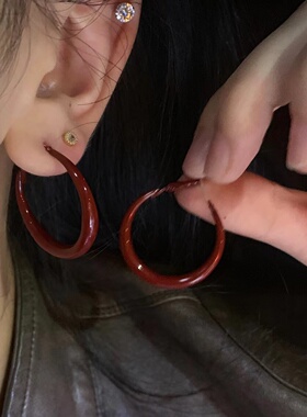 棠洛 美式红色滴釉圈圈耳环3cm耳圈女高级感秋冬红色耳饰2024新潮