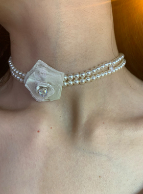 法式立体花朵珍珠choker项圈女短款高级感生日项链饰品拍照氛围感