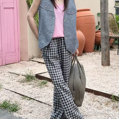 “时光漫旅”亚麻休闲阔腿藏青格纹长裤