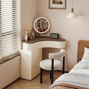 实木转角梳妆台卧室小户型直角拐角中古风收纳柜斗柜一体化妆台桌