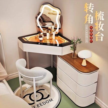 小户型拐角梳妆台卧室家用墙角三角化妆桌带化妆镜转角床头柜一体