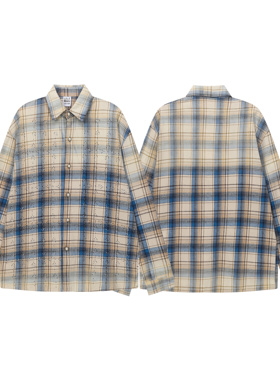 UNZEOT美式复古格子衬衫男女宽松休闲烫钻长袖衬衣外套