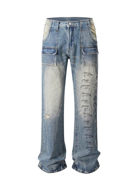 UNZEOT直筒小众美式街头眼睛复古做旧多口袋潮牌流行牛仔裤