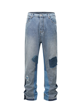 UNZEOT夏季新款拼色休闲时尚牛仔长裤男女情侣款ins潮