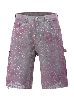 UNZEOT美式水洗做旧镭射满钻牛仔短裤男直筒破坏夏季宽松五分裤