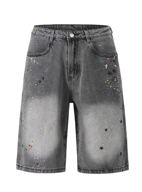 UNZEOT美式复古黑灰水洗镶珠五分裤男牛仔裤夏季潮牌街头短裤子