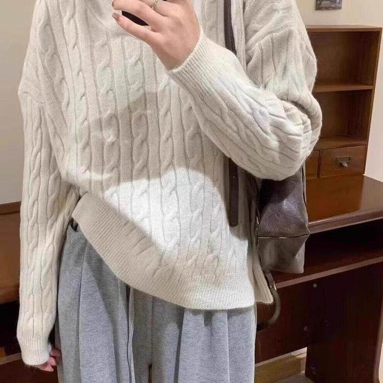 慵懒古套头款麻花连帽毛衣女zheng秋冬装2052新设复计感外穿针织