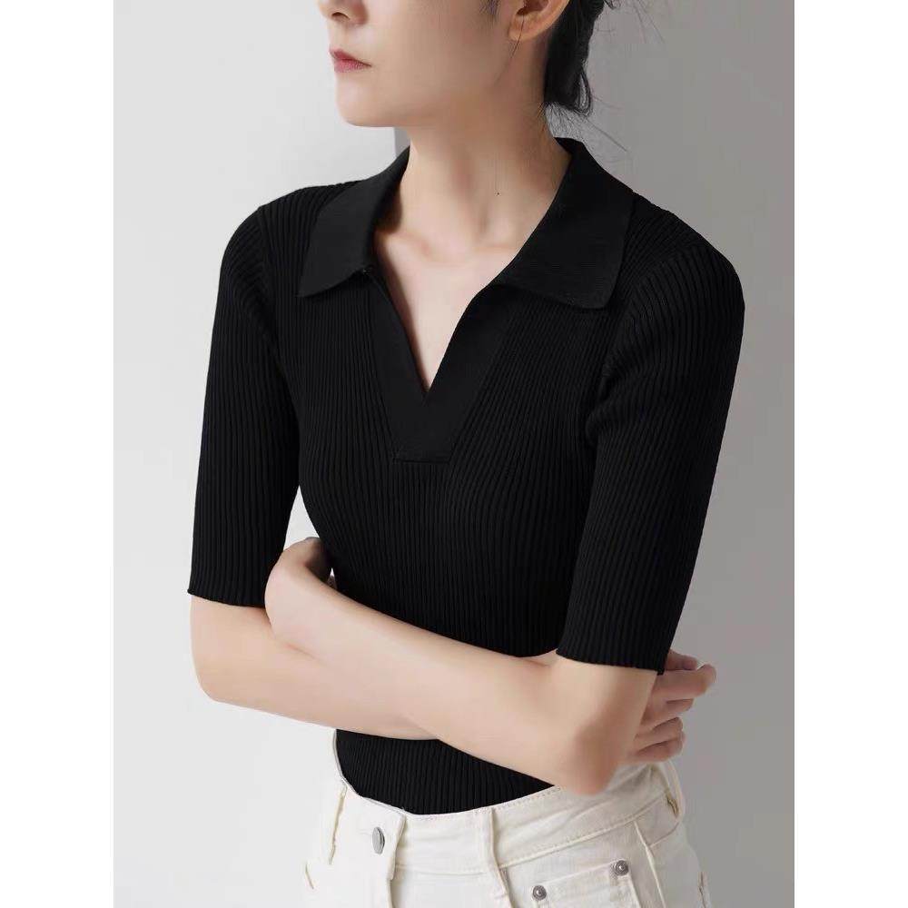 法式气质冰丝上衣女士新款夏季薄款正肩显瘦翻领短袖针织衫高级感