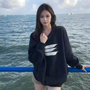 高街圆领KXJ软糯套厚头上黑色毛衣女秋冬慵风加针织衣 韩系懒时尚