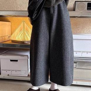 九分裤 大码 高腰显瘦休闲弯刀裤 2025春秋季 韩系复古毛呢格子阔腿裤