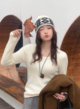 加绒厚圆领毛衣针女秋5冬季保加暖202新款白色修PIE身织内搭打底