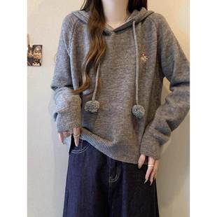 女软糯风连减帽刺绣毛衣秋冬龄宽松韩系小狗刺衣绣针织衫 XQD卫学