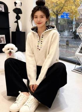 韩系时尚慵懒百风软糯连毛帽针织上衣女2UPW减025冬季新款搭宽松