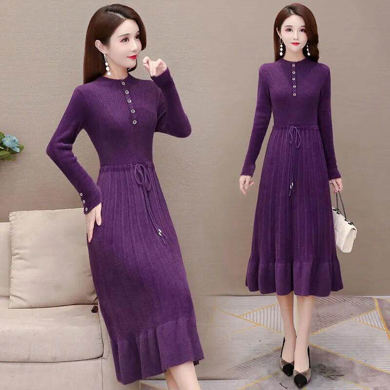 水貂绒加厚毛衣女装秋冬中长款针织连衣裙显瘦内搭打底鱼尾a字裙