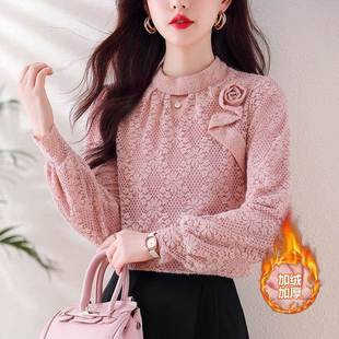 欧货立体花朵加绒蕾丝半高领打底衫女2025秋冬新款灯笼袖软糯毛衣