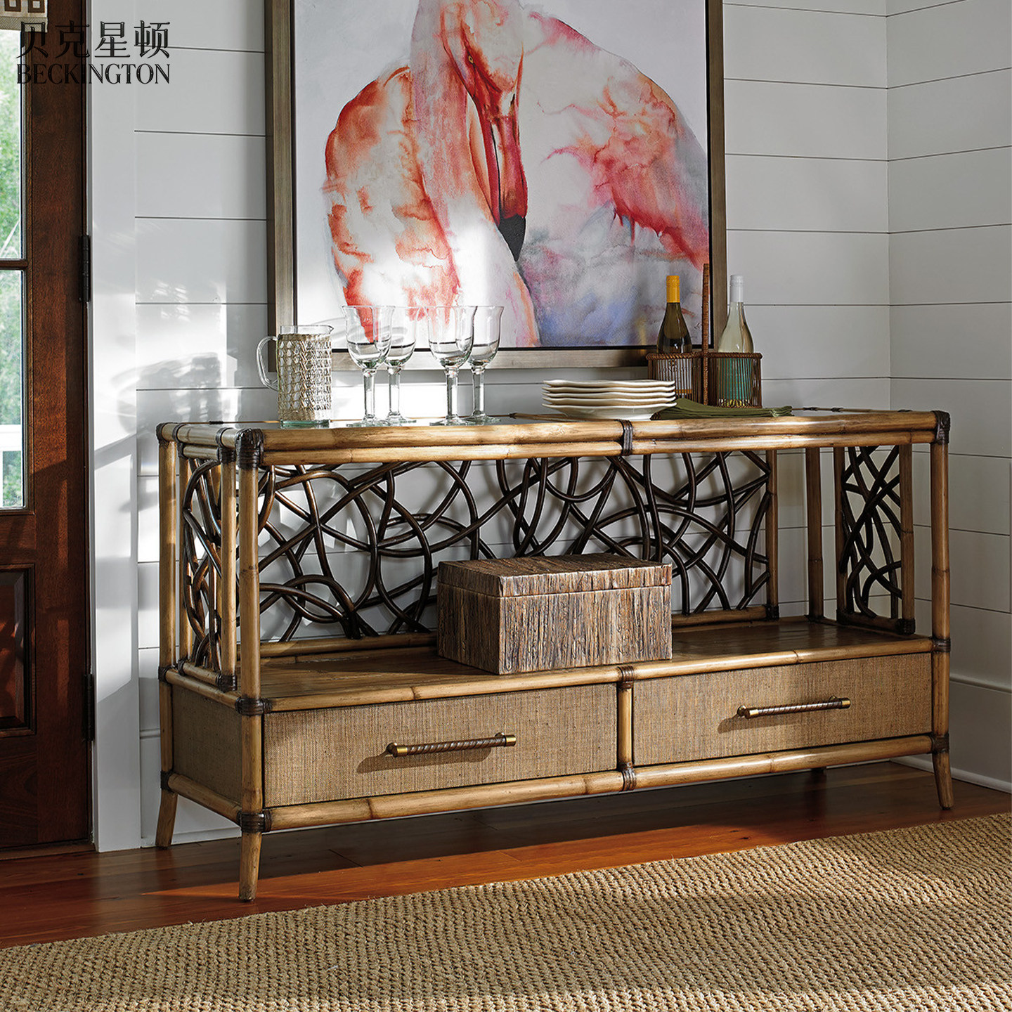 美式藤编入户玄关柜东南亚风竹节餐边柜客厅玻璃收纳储物柜装饰柜