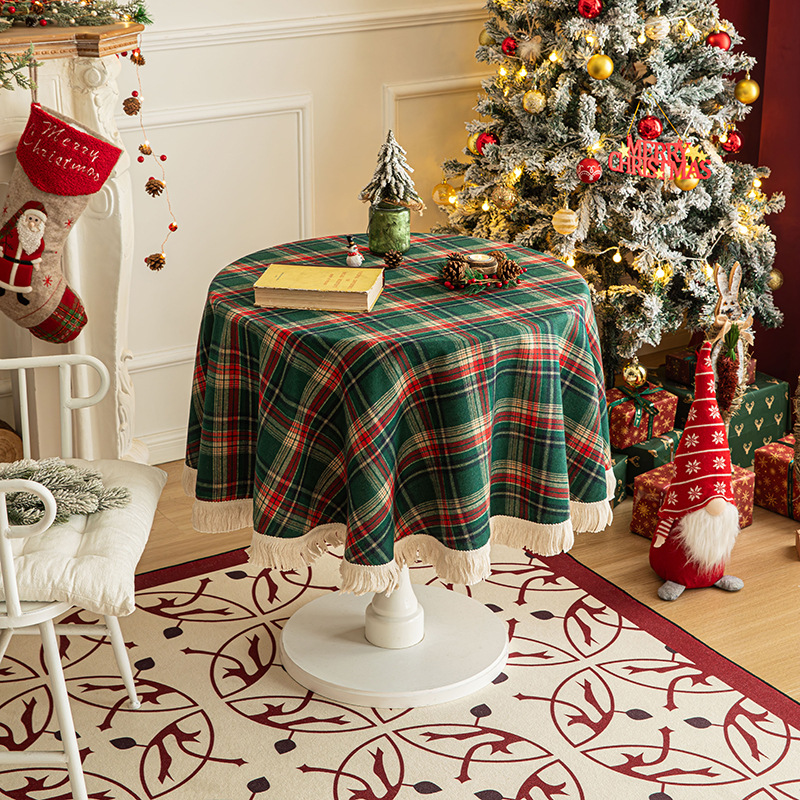 Christmas checkered circular tassel tablecloth圣诞圆形桌布