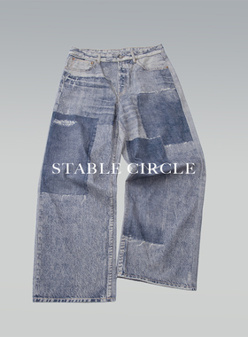 STABLE CIRCLE 25ss复古拼布3d活性数码印花baggy阔腿牛仔裤