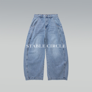 STABLE CIRCLE 25ss 浅蓝水洗阔腿弯刀牛仔裤美式撞钉baggy镰刀裤