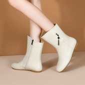 头层牛皮平跟女士靴小圆头大码 真皮短靴女新款 侧拉链秋冬季 中筒靴