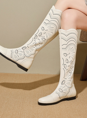 凉靴靴女欧美风透气女靴春夏新款镂空长筒靴白色圆头真皮洞洞靴子
