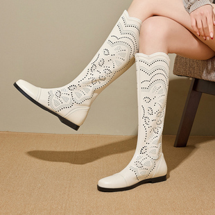 镂空长筒靴白色圆头真皮洞洞靴子 凉靴靴女欧美风透气女靴春夏新款