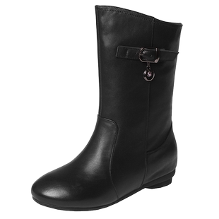 秋冬季新款中筒靴女舒适圆头全牛皮靴子春秋米白色平底内增高短靴