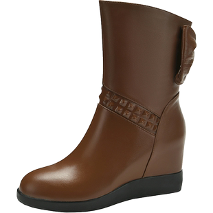 真皮靴子女短靴新款蝴蝶结圆头复古靴牛皮马丁靴平底内增高中筒靴