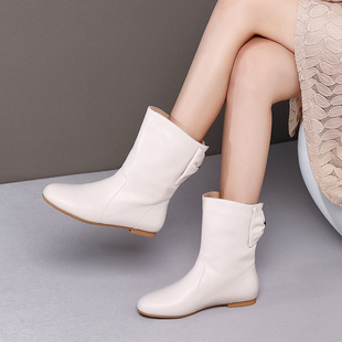 真皮短靴女平底靴软皮马丁靴洋气白色靴子舒适靴鞋头层牛皮中筒靴